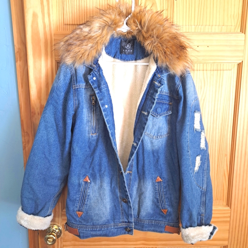 Shan Distressed Fur Jean Jacket sz 12 NWOT